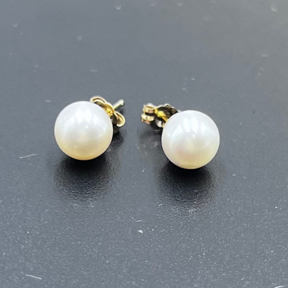 Solid 14k Gold 7mm Genuine Round Pearl Earrings W/14k Gold Backs